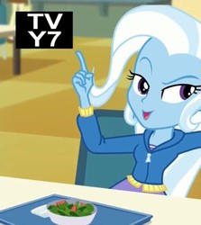 Size: 532x597 | Tagged: safe, screencap, trixie, equestria girls, equestria girls specials, g4, my little pony equestria girls: better together, my little pony equestria girls: forgotten friendship, cafeteria, clothes, dress, food, hoodie, pointing, salad, tv-y7