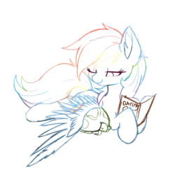 Size: 1000x1000 | Tagged: safe, artist:heddopen, rainbow dash, tank, pegasus, pony, g4, book, ear fluff, female, hug, lidded eyes, lying, mare, one eye closed, prone, relaxing, simple background, sleeping, smiling, spread wings, white background, winghug, wings