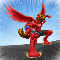 Size: 1276x1276 | Tagged: safe, artist:ponyanony, oc, oc only, oc:marker pace, pegasus, anthro, unguligrade anthro, abs, alternative cutie mark placement, anthro oc, armpits, biceps, clothes, cutie mark on chest, goggles, gritted teeth, landing, male, muscles, pants, solo, stallion, thunder thighs, wristband