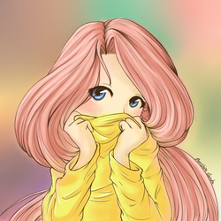 Size: 2000x2000 | Tagged: safe, artist:lovely-words, fluttershy, human, g4, blushing, clothes, cute, female, gradient background, high res, humanized, looking at you, shy, shyabetes, solo, sweater, sweatershy