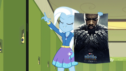 Size: 1920x1080 | Tagged: safe, edit, edited screencap, screencap, trixie, equestria girls, equestria girls series, forgotten friendship, g4, african, base used, black panther, canterlot high, chadwick boseman, eyes closed, female, hallway, lockers, marvel, marvel cinematic universe, marvel comics, meme, movie poster, pointing, solo, trixie's poster
