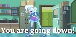 Size: 1080x526 | Tagged: safe, edit, edited screencap, screencap, trixie, equestria girls, equestria girls specials, g4, my little pony equestria girls: better together, my little pony equestria girls: forgotten friendship, angry, boots, canterlot high, clothes, female, high heel boots, high heels, hoodie, image macro, meme, pointing, shoes, sick puppies, skirt, socks, solo, trixie yells at everything
