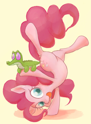Size: 786x1067 | Tagged: safe, artist:noupu, gummy, pinkie pie, g4, female, hoof stand, looking at you, mare, pinkie being pinkie, simple background, upside down