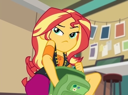 Size: 1088x810 | Tagged: safe, screencap, sunset shimmer, equestria girls, equestria girls series, forgotten friendship, g4, bag, classroom, clothes, jacket