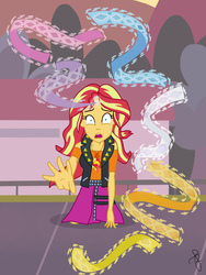 Size: 768x1024 | Tagged: safe, artist:ilaria122, sunset shimmer, equestria girls, equestria girls series, forgotten friendship, g4, clothes, crying, female, geode of empathy, heartbreak, jacket, leather jacket, magical geodes, memories, memory loss, mind rape, open mouth, sad, shirt, simple background, skirt, solo, t-shirt