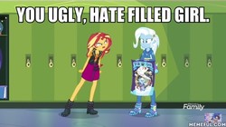 Size: 600x337 | Tagged: safe, edit, edited screencap, screencap, sunset shimmer, trixie, equestria girls, equestria girls series, forgotten friendship, g4, hurricane neddy, image macro, male, meme, memeful.com, out of character, the simpsons