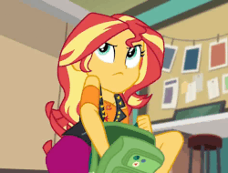 Size: 615x468 | Tagged: safe, screencap, sunset shimmer, equestria girls, equestria girls series, forgotten friendship, g4, animated, bag, classroom, clothes, female, jacket