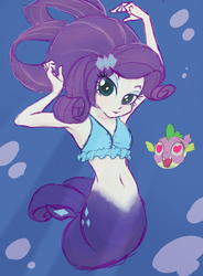 Size: 3000x4080 | Tagged: safe, artist:noupu, rarity, spike, mermaid, puffer fish, equestria girls, g4, my little pony: the movie, armpits, belly button, bikini, bikini top, clothes, female, heart, heart eyes, looking at you, mermaidized, midriff, species swap, spike the pufferfish, swimsuit, underwater, wingding eyes