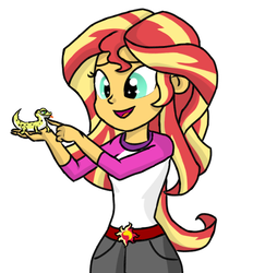Size: 650x700 | Tagged: safe, artist:boushi33, ray, sunset shimmer, gecko, equestria girls, g4, my little pony equestria girls: legend of everfree, my little pony equestria girls: summertime shorts, pet project, camp everfree outfits, clothes, cute, duo, open mouth, pet, shimmerbetes, shorts, simple background, white background
