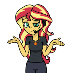 Size: 682x663 | Tagged: safe, artist:boushi33, sunset shimmer, equestria girls, g4, my little pony equestria girls: better together, opening night, choose sunset shimmer, clothes, director shimmer, female, geode of empathy, headset, looking at you, magical geodes, pants, shrug, shrugset shimmer, simple background, solo, transparent background
