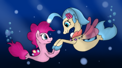 Size: 1972x1104 | Tagged: safe, artist:boushi33, pinkie pie, princess skystar, pony, seapony (g4), g4, my little pony: the movie, duo, female, ocean, one small thing, seaponified, seapony pinkie pie, species swap, underwater