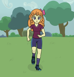 Size: 894x930 | Tagged: safe, artist:boushi33, orange sherbette, equestria girls, g4, my little pony equestria girls: friendship games, background human, clothes, crystal prep academy, crystal prep shadowbolts, female, looking at you, scenery, shoes, shorts, sneakers, solo, student, sweat, tree