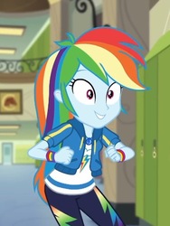 Size: 367x487 | Tagged: safe, screencap, rainbow dash, best trends forever, best trends forever: rainbow dash, equestria girls, g4, my little pony equestria girls: better together, bending, blue skin, clenched fist, clothes, cropped, cute, cutie mark on clothes, dashabetes, female, geode of super speed, hoodie, jewelry, magical geodes, multicolored hair, necklace, pants, pink eyes, rainbow hair, shirt, smiling, sweatpants, wristband