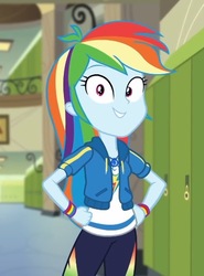Size: 371x502 | Tagged: safe, screencap, rainbow dash, best trends forever, best trends forever: rainbow dash, equestria girls, g4, my little pony equestria girls: better together, canterlot high, cropped, cute, dashabetes, female, geode of super speed, grin, happy, magical geodes, smiling