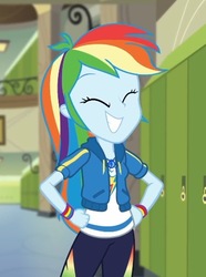 Size: 374x503 | Tagged: safe, screencap, rainbow dash, best trends forever, equestria girls, equestria girls series, g4, best trends forever: rainbow dash, bracelet, clothes, cropped, cute, cutie mark on clothes, dashabetes, eyes closed, female, geode of super speed, hand on hip, hoodie, jewelry, magical geodes, multicolored hair, necklace, pants, shirt, smiling, sweatpants, teeth
