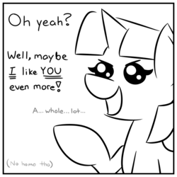 Size: 540x540 | Tagged: safe, artist:glimglam, twilight sparkle, pony, unicorn, g4, beady eyes, black and white, dialogue, female, grayscale, mare, monochrome, no homo, open mouth, pointing, simple background, solo, white background