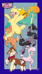 Size: 1024x1792 | Tagged: safe, artist:yanie-the-brown-pone, arizona (tfh), oleander (tfh), paprika (tfh), pom (tfh), tianhuo (tfh), velvet (tfh), alpaca, classical unicorn, cow, deer, lamb, longma, reindeer, sheep, them's fightin' herds, cloven hooves, community related, female, fightin' six, group, horn, mare, one eye closed, raised hoof, smiling, wink