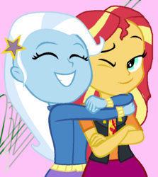 Size: 638x716 | Tagged: safe, artist:grapefruitface1, sunset shimmer, trixie, equestria girls, equestria girls specials, g4, my little pony equestria girls: better together, my little pony equestria girls: forgotten friendship, base used, duo, female, hug, lesbian, requested art, ship:suntrix, shipping, show accurate, smiling