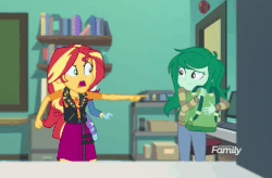 Size: 547x358 | Tagged: safe, screencap, sunset shimmer, trixie, wallflower blush, equestria girls, equestria girls specials, g4, my little pony equestria girls: better together, my little pony equestria girls: forgotten friendship, angry, animated, bag, book, classroom, clothes, door, duo, female, jacket, pants, pointing