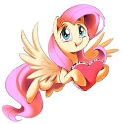 Size: 800x804 | Tagged: safe, artist:shira-hedgie, fluttershy, pony, g4, cute, female, heart, holding, holiday, looking at you, shyabetes, simple background, solo, spread wings, valentine's day, wings