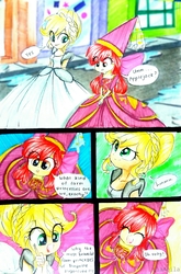 Size: 1925x2914 | Tagged: safe, artist:liaaqila, apple bloom, applejack, comic:the farm princesses, equestria girls, for whom the sweetie belle toils, g4, adorabloom, alternate hairstyle, applerella, bow, cinderella, clothes, comic, cute, disney, dress, eyes closed, female, gloves, gown, hair bow, hat, hennin, jackabetes, princess, princess apple bloom, princess applejack, sisters, smiling, speech bubble, traditional art