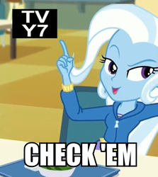 Size: 532x597 | Tagged: safe, screencap, trixie, equestria girls, equestria girls specials, g4, my little pony equestria girls: better together, my little pony equestria girls: forgotten friendship, cafeteria, check em, clothes, dress, food, hoodie, image macro, meme, pointing, salad, tv-y7