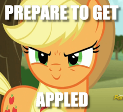 Size: 516x471 | Tagged: safe, edit, edited screencap, screencap, applejack, g4, no second prances, season 6, applejack is best facemaker, how about no, image macro, inverted mouth, meme, rapeface, this will not end well