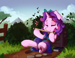 Size: 900x698 | Tagged: dead source, safe, artist:saxopi, pony, unicorn, abigail (stardew valley), clothes, cute, flute, musical instrument, ponified, solo, stardew valley
