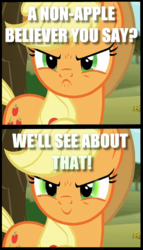 Size: 516x900 | Tagged: safe, applejack, g4, no second prances, >:), apple, applejack is best facemaker, at first i was like but then i was like, bronybait, evil, evil grin, eye glow, happy, image macro, inverted mouth, join the herd, meme, smiling, smirk, that pony sure does love apples, this will not end well