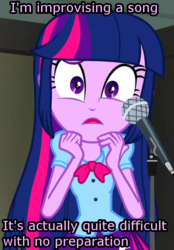 Size: 500x720 | Tagged: safe, edit, edited screencap, screencap, twilight sparkle, alicorn, equestria girls, g4, my little pony equestria girls: rainbow rocks, ashens, cropped, female, image macro, meme, microphone, solo, twilight sparkle (alicorn), worried