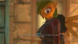Size: 1600x900 | Tagged: safe, artist:alushythetyrant, pegasus, anthro, 3d, dialogue, fallout, fallout 4, fallout equestria 4 mod, female, looking at you, mare, modded game, scribe haylen
