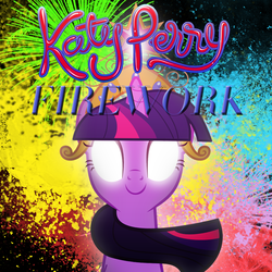 Size: 800x800 | Tagged: dead source, safe, artist:pageturner1988, artist:penguinsn1fan, twilight sparkle, pony, g4, album, album cover, cover, crown, element of magic, female, firework (song), fireworks, glowing eyes, jewelry, katy perry, parody, ponified, ponified album cover, regalia, solo, song reference