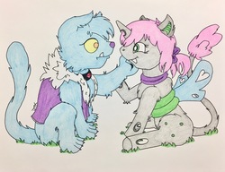Size: 3716x2856 | Tagged: safe, artist:jamestkelley, oc, oc only, oc:oculus, oc:ruby, changeling, diamond dog, blind, changeling oc, diamond dog oc, green changeling, high res, meeting, new friendship, pink hair, sitting, story included, traditional art, white changeling