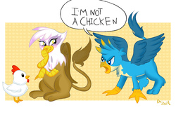 Size: 1280x853 | Tagged: safe, artist:therainbowtroll, gallus, gilda, bird, chicken, griffon, g4, school daze, season 8, abstract background, angry, blushing, female, gallus the rooster, giggling, it begins, male, meme origin, mockery, pun, spread wings, wings