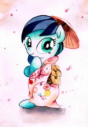 Size: 2388x3437 | Tagged: safe, artist:mashiromiku, coloratura, g4, clothes, female, high res, kimono (clothing), rara, solo, traditional art, watercolor painting