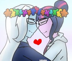 Size: 400x337 | Tagged: safe, artist:paulet-chan06, trixie, twilight sparkle, best trends forever, best trends forever: twilight sparkle, equestria girls, g4, my little pony equestria girls: better together, female, floral head wreath, flower, heart, lesbian, ship:twixie, shipping