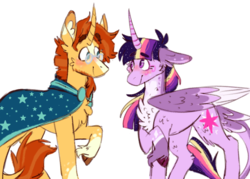 Size: 1024x732 | Tagged: safe, artist:wanderingpegasus, sunburst, twilight sparkle, alicorn, classical unicorn, pony, unicorn, g4, blushing, chest fluff, cloven hooves, curved horn, eye contact, female, horn, leonine tail, looking at each other, male, mare, raised hoof, ship:twiburst, shipping, simple background, stallion, straight, twilight sparkle (alicorn), unshorn fetlocks, white background