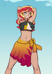 Size: 1332x1900 | Tagged: safe, artist:scorpdk, sunset shimmer, human, equestria girls, equestria girls series, forgotten friendship, g4, adorasexy, arm behind head, armpits, belly button, bikini, blue background, breasts, busty sunset shimmer, clothes, cute, female, gradient background, human coloration, humanized, looking at you, midriff, sarong, sexy, shimmerbetes, simple background, smiling, smiling at you, solo, stretching, summer sunset, swimsuit, tan skin