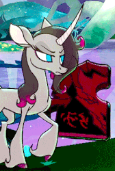 Size: 268x400 | Tagged: safe, fhtng th§ ¿nsp§kbl, oleander (tfh), classical unicorn, them's fightin' herds, animated, book, cloven hooves, colored hooves, community related, duo, ear flick, female, horn, idle animation, narrowed eyes, unicornomicon, unshorn fetlocks