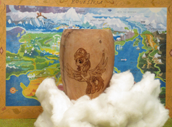 Size: 5152x3792 | Tagged: safe, artist:malte279, oc, oc:leafhelm, cloud, helmet, map, pyrography, traditional art, wooden cup