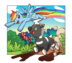 Size: 838x732 | Tagged: safe, artist:oldwu, rainbow dash, blitzle, pegasus, pony, g4, bush, crossover, duo, female, flying, grass, mare, pokémon, running
