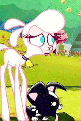 Size: 268x400 | Tagged: safe, pom (tfh), dog, lamb, sheep, them's fightin' herds, animated, bell, bell collar, cloven hooves, collar, community related, female, idle animation, scared, trembling