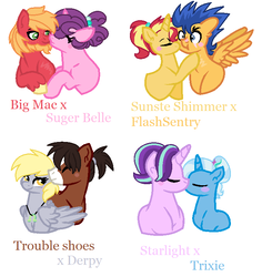Size: 698x740 | Tagged: safe, artist:semlandraw, big macintosh, derpy hooves, flash sentry, starlight glimmer, sugar belle, sunset shimmer, trixie, trouble shoes, pegasus, pony, unicorn, g4, alternate hairstyle, base used, beard, blushing, derpyshoes, facial hair, female, kissing, lesbian, male, mare, misspelling, ship:flashimmer, ship:startrix, ship:sugarmac, shipping, stallion, straight, trouble hooves