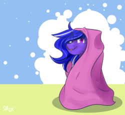 Size: 2500x2300 | Tagged: safe, artist:omegapex, oc, oc only, :p, blanket, blanket burrito, blue hair, high res, silly, solo, tongue out
