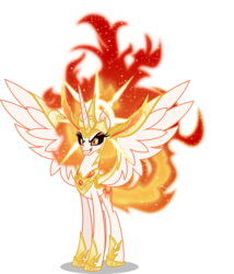 Size: 6000x6996 | Tagged: safe, artist:orin331, daybreaker, nightmare star, alicorn, pony, g4, absurd resolution, armor, dragon ball, dragon ball super, enterplay, female, fusion, mane of fire, merchandise, merged daybreaker, merged zamasu, phoenix amulet, simple background, smiling, solo, the inferno has been doubled, this will end in fire, trading card game, transparent background, two flaming sunponies, zamasu