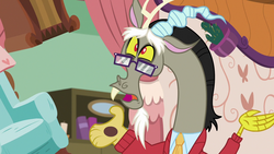 Size: 1280x720 | Tagged: safe, screencap, discord, discordant harmony, g4, cactus, chair, clothes, glasses, male, solo, sweater