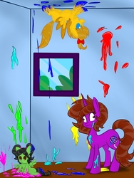 Size: 3000x4000 | Tagged: safe, artist:chelseawest, oc, oc only, oc:colour paint, oc:painted petal, oc:violet ribbon, pegasus, pony, female, filly, high res, mare, mother and daughter, paint