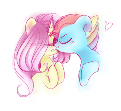 Size: 3969x3642 | Tagged: safe, artist:pinkablue, fluttershy, rainbow dash, pegasus, pony, unicorn, g4, blushing, bust, duo, embarrassed, eyes closed, female, fluttershy (g5 concept leak), g5 concept leak style, g5 concept leaks, hair over one eye, heart, high res, kissing, lesbian, mare, rainbow dash (g5 concept leak), raised hoof, ship:flutterdash, shipping, simple background, unicorn fluttershy, white background