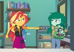 Size: 1398x984 | Tagged: safe, edit, edited screencap, screencap, sunset shimmer, trixie, wallflower blush, equestria girls, equestria girls series, forgotten friendship, g4, bag, book, classroom, clothes, door, fangirl, geode of empathy, get out, jacket, magical geodes, monster high, monster high logo, pants, parody, pointing