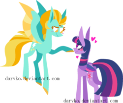 Size: 900x749 | Tagged: safe, artist:darvko, lightning dust, twilight sparkle, alicorn, pegasus, pony, g4, boop, colored wings, female, flying, heart, lesbian, lineless, mare, shipping, simple background, transparent background, twidust, twilight sparkle (alicorn)